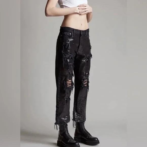 R13 Sequin Boyfriend Jeans Women's 26 Black Denim Distressed - Picture 3 of 14